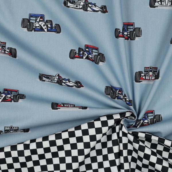 Baumwolle Popeline Rennwagen auf Graublau
